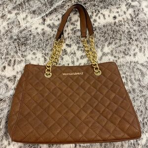 Montana West Quilted Brown Shoulder Tote with Gold Chain Straps